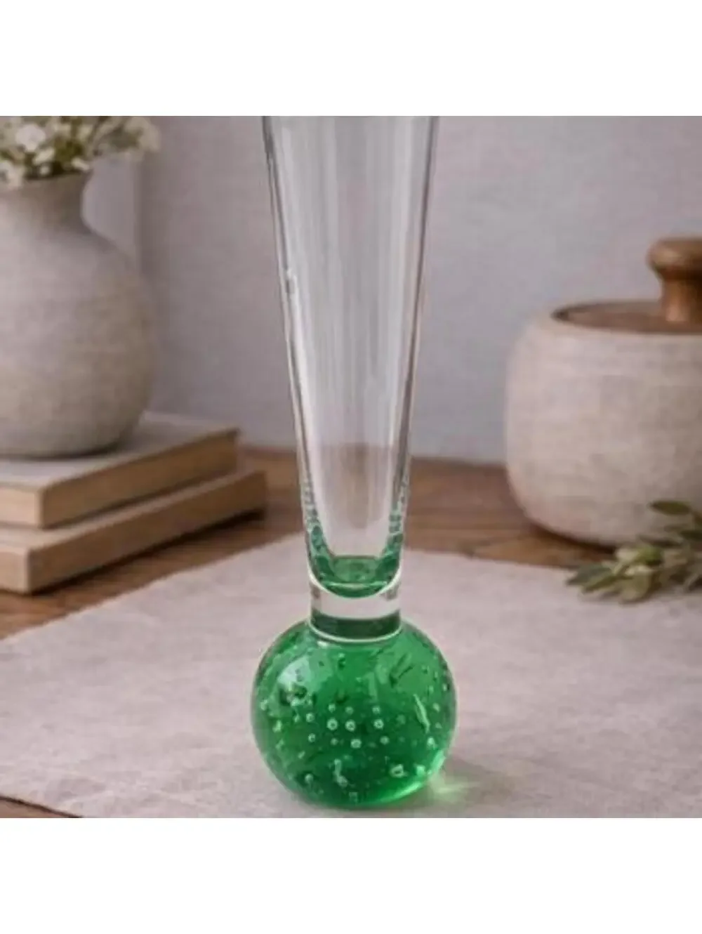 Vintage Green Bubble Glass Bud Vase Tall Clear Trumpet Shape
